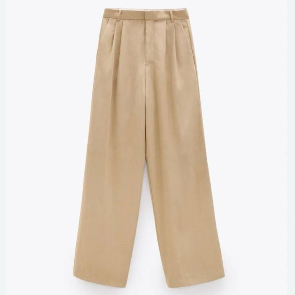 ZARA | Tan Khaki Pleated Trouser High Rise Wide Leg Pants‎ Soft Tailored | Small